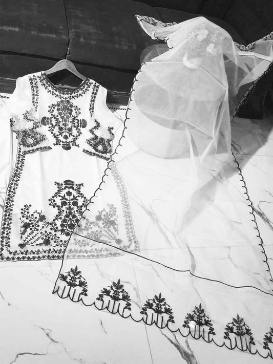 3 Pcs Women's Stitched Organza Embroidered Suit