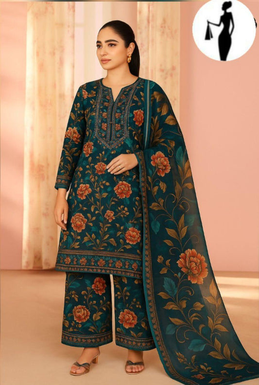 3 Pcs Women's Stitched Lawn Sequins Embroidered Suit