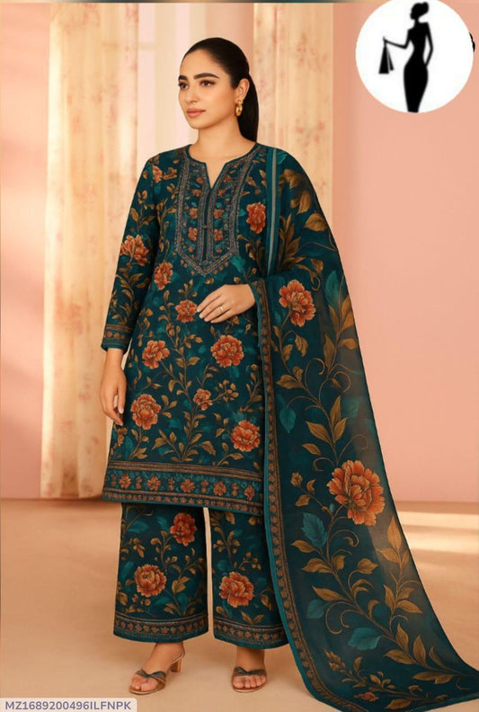 3 Pcs Women's Stitched Lawn Sequins Embroidered Suit