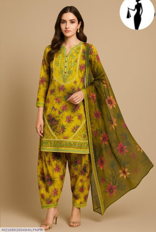 3 Pcs Women's Stitched Lawn Sequins Embroidered Suit