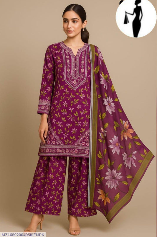 3 Pcs Women's Stitched Lawn Sequins Embroidered Suit