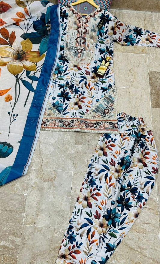 3 Pcs Women's Stitched Lawn Sequins Embroidered Suit