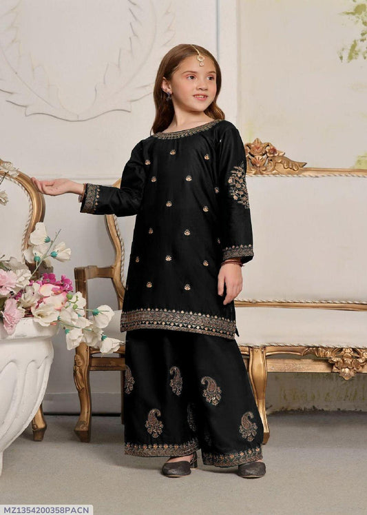 Charming Silk Embroidered Kurta And Pajama Set for Girls - 2 Pcs