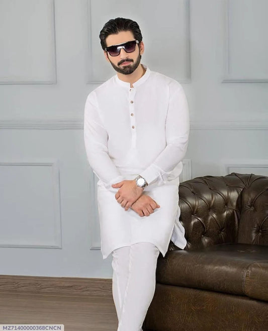 Men’s Wash And Wear Shalwar Kameez Set - 2 Pcs - Plain White