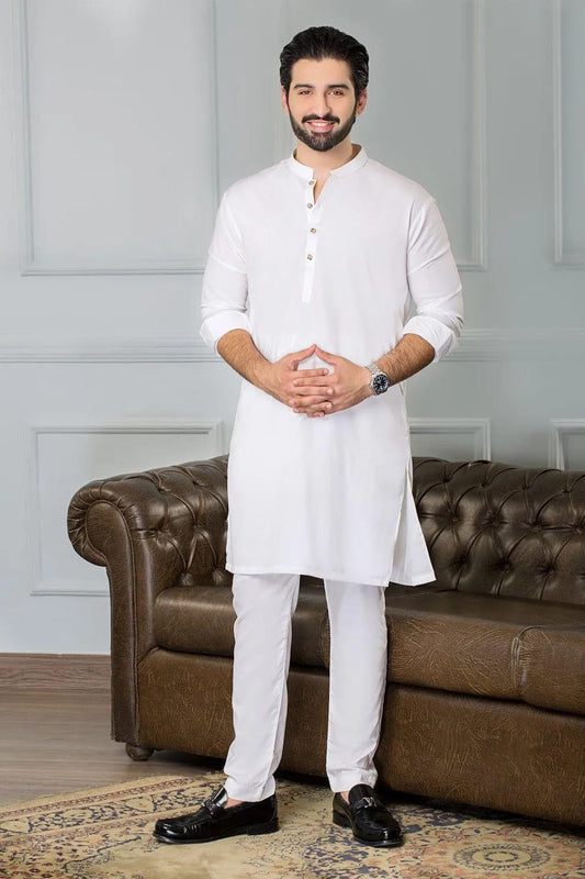 Men’s Wash And Wear Shalwar Kameez Set - 2 Pcs - Plain White