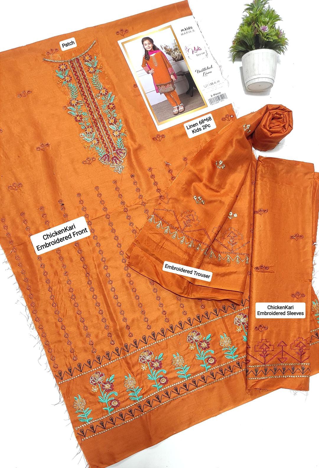 2 Pcs Girl's Linen Embroidered Unstitched Suit