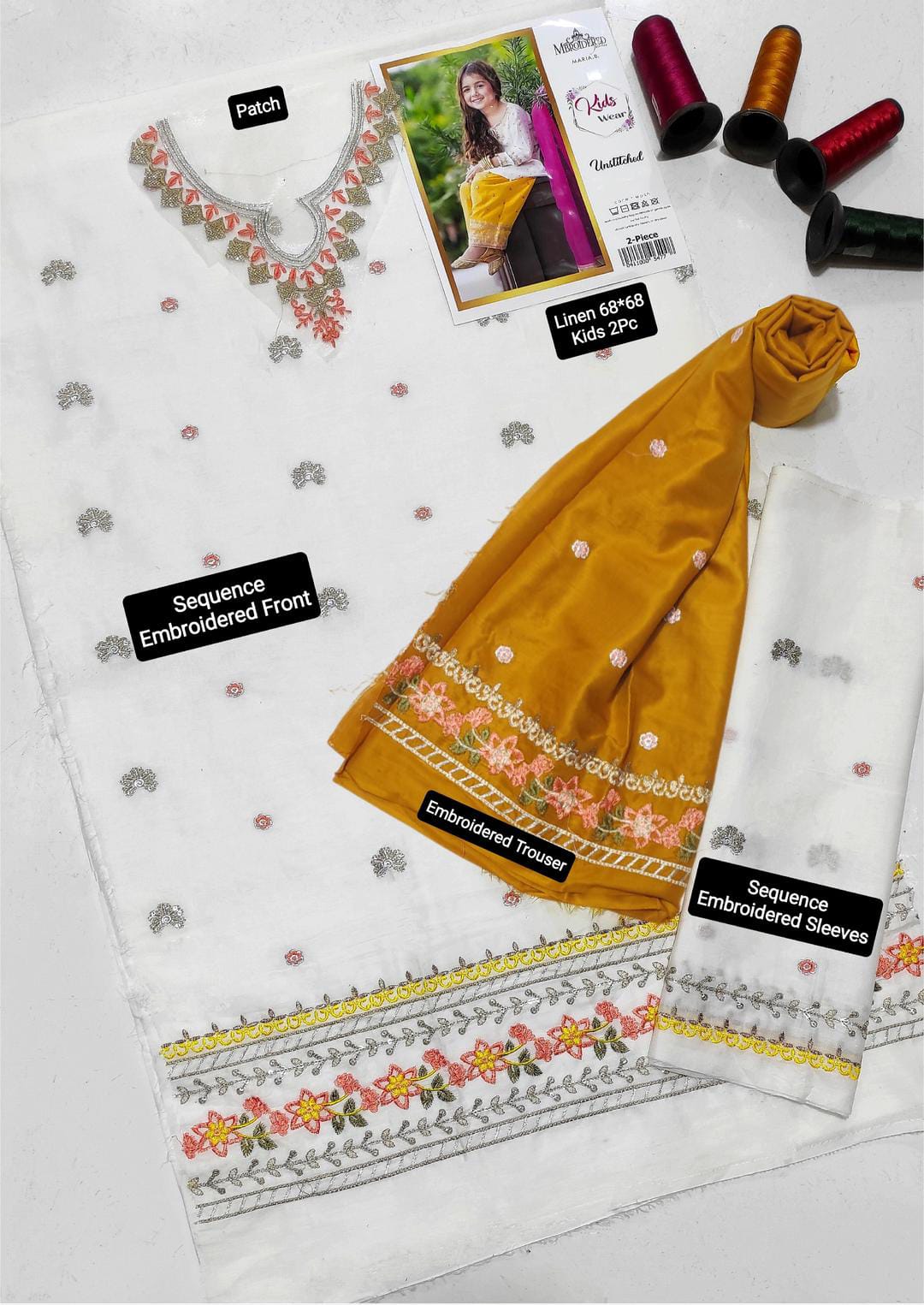 2 Pcs Girl's Linen Embroidered Unstitched Suit